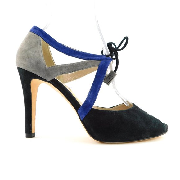 BODEN Black Gray Blue Suede Leather Tassel Tie Ankle Caged Heel Pumps 39 - Picture 2 of 10